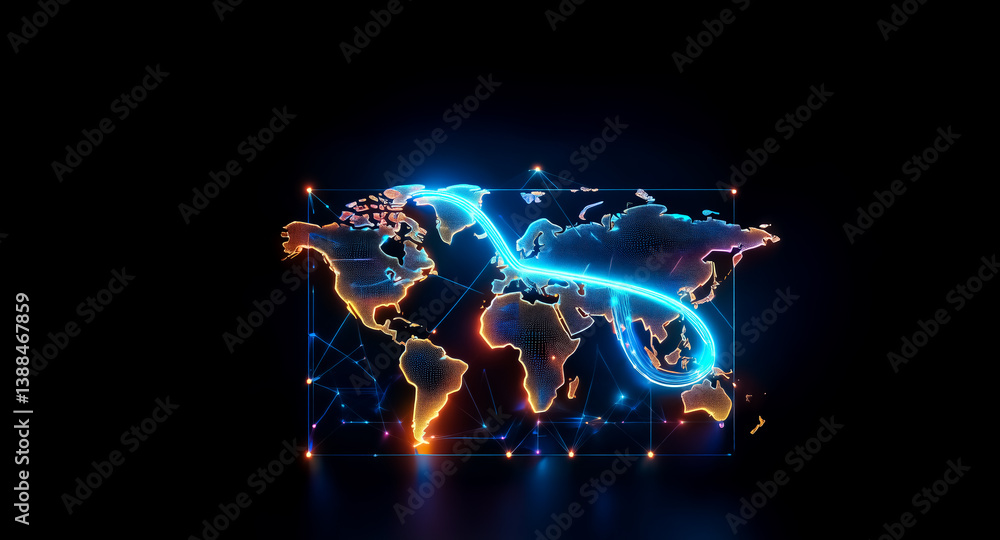 Poster futuristic world map illuminated with glowing blue and orange lines on a black background. the digit