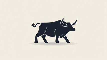 Black Bull Silhouette Walking on Beige Background