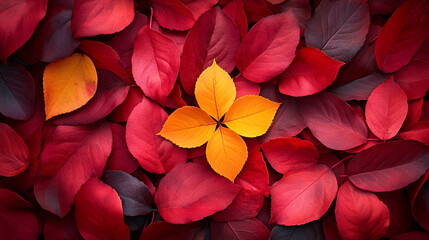 A single yellow flower sits atop a bed of red leaves creating a vibrant autumn color palette display.