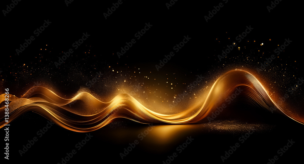 Poster elegant golden light waves cascade across a deep black backdrop. luminous and fluid, the design evok