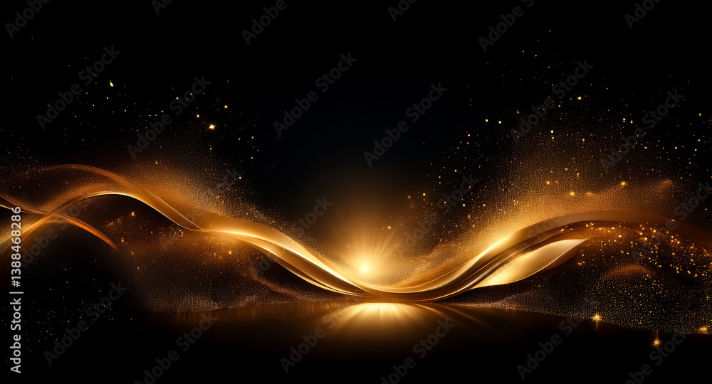 Poster golden waves gracefully cascade across a deep black backdrop, illuminated by a soft, sparkling light
