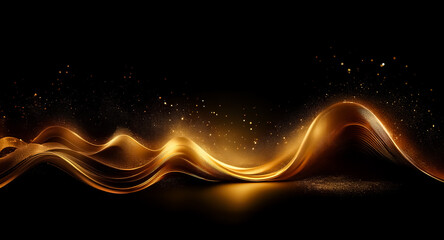 Elegant golden light waves cascade across a deep black backdrop.  Luminous and fluid, the design evokes sophistication and subtle brilliance.