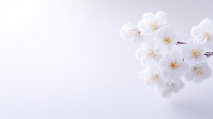 Fototapeta premium White Cherry Blossoms Delicate Branch Minimalist Style Soft Focus Lighting Horizontal Close-up View Petal Texture Spring Bloom White Background Serene Mood Ideal for Springtime Designs