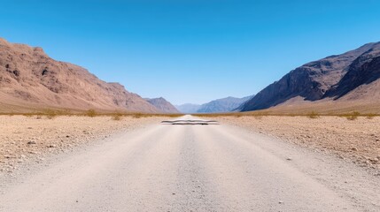 Fototapeta premium A desert road stretches between mountains under a clear blue sky. The road is light-colored and appears to be gravel. The mountains are tan and brown, framing the road in a symmetrical composition.