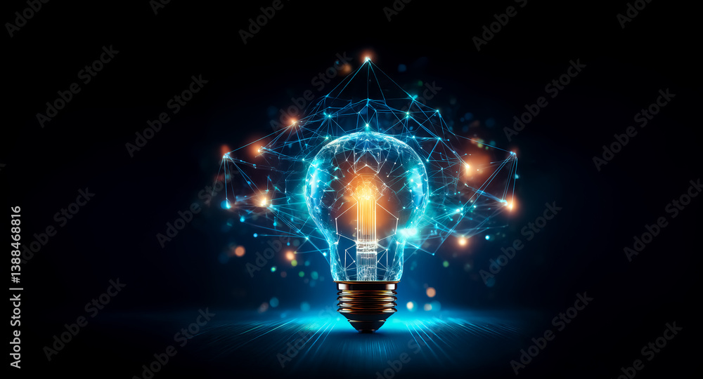 Poster glowing light bulb encircled by a digital network of connected dots and lines against a dark backdro