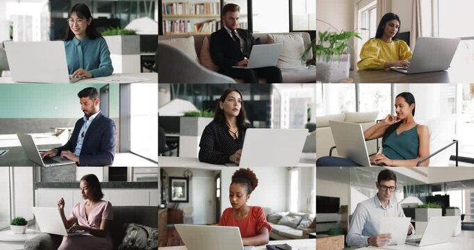 Diverse businesspeople, group of employees, freelancers working on-line using modern computers at home office, workplace, collage, multiple view. Wireless technology, connection, remote communication