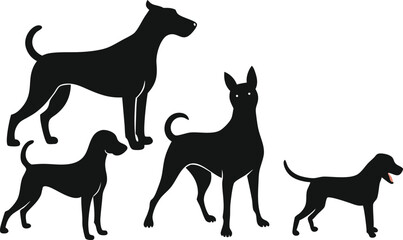 A variant style set of dog silhouette vector. Flat black color dog playing illustration design, dogs symbol isolated on a white background.