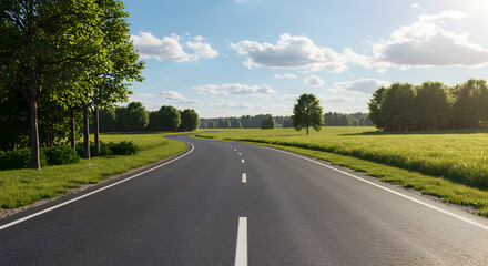 Fototapeta premium An Empty Countryside Road Surrounded By Trees And Fields In Clear Sky Above, Gentle Curve In The Road, Realistic Lighting