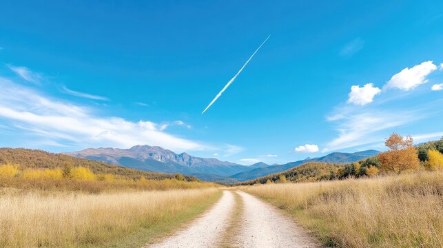 A gravel road stretches through an autumnal landscape. Golden fields flank the path, leading towards distant mountains under a bright blue sky. A contrail streaks across the sky. The image is high q