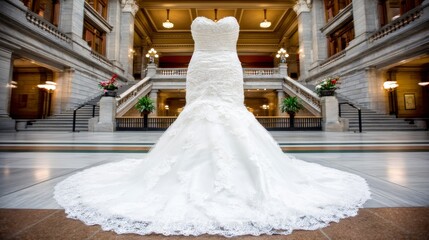 Elegant White Lace Wedding Dress in Grand Hall