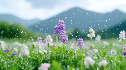 Purple and white wildflowers bloom in a lush field. Rain falls gently, creating a serene atmosphere. The background features softly blurred mountains. The image is high quality, with natural lightin