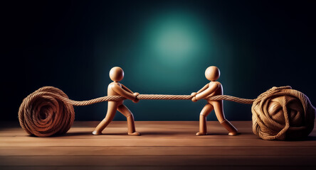 Two small figures engage in a tug-of-war, each pulling a rope connected to large yarn balls, on a wooden surface with a dark, spotlighted backdrop.