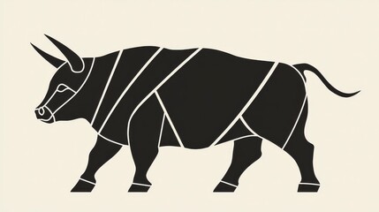 Fototapeta premium Geometric Black Bull Illustration Minimalist Design Beige Background
