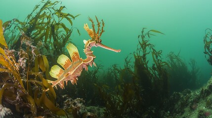 Leafy seadragon drifting kelp forest intricate camouflage Southern Australian waters