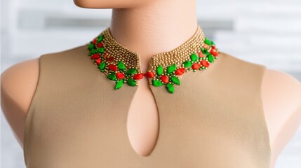 Gold Sleeveless Top with Beaded Red and Green Collar Detail