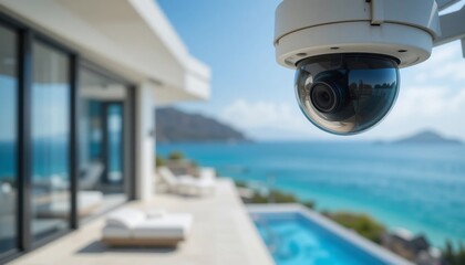 Obraz premium Modern Security Dome Camera Monitoring Luxurious Beachfront Property