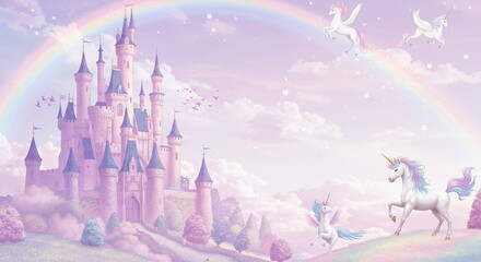Magical Unicorn Fantasy Kingdom Pastel Castle Rainbow Unicorns Whimsical Illustration