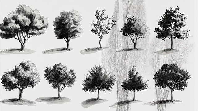 Detailed grayscale sketches of various tree types