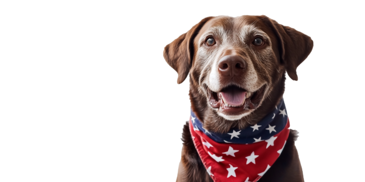 Senior Chocolate Labrador Retriever with White Face in Patriotic Bandana, Isolated Transparent PNG for July 4 or Memorial Day, Looking at Camera