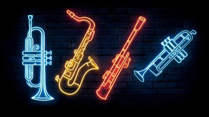 Obraz premium Neon Music Instruments on Brick Wall