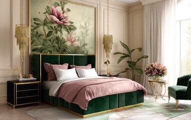 A luxurious dark emerald velvet bed with gold trim, surrounded by plush white fur pillows and nightstands featuring polished metal accents