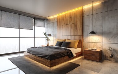 A luxurious high-resolution bedroom with a comfortable bed and a sleek wooden headboard