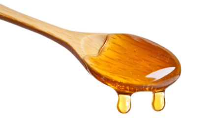 Golden honey dripping from a wooden spoon, a few drops on the surface, isolated on white background, , ,