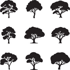 A collection of different tree silhouettes
in black on a white background