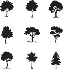 A collection of different tree silhouettes
in black on a white background
