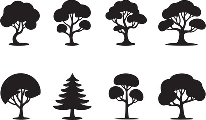 A collection of different tree silhouettes
in black on a white background