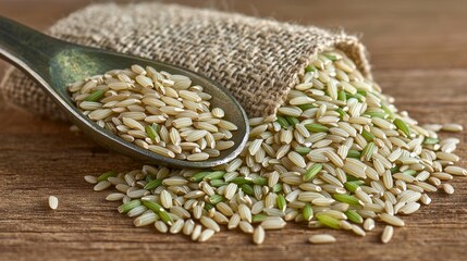 Close-Up of Brown Rice Grains Spilling from Burl Sack on Wooden Surface