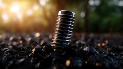 Metal screw embedded in dark gravel.  Sunlit background