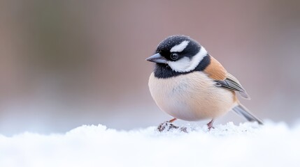 Naklejka premium A small bird, predominantly tan with black and white markings on its head, perches on a patch of snow. The photo is sharply focused on the bird, with a blurred, neutral background. Its a high-qualit
