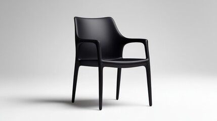 A sleek, black plastic armchair is presented against a bright white background. The chair features a simple, modern design with curved armrests. It is isolated, with no other objects present in the i