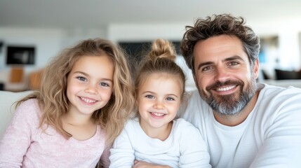 Fototapeta premium A father with two young daughters smiling together, sitting indoors in a cozy living room, bright natural light, and family bonding moment.