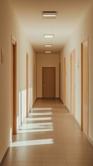Fototapeta premium Sunlit hallway with doors and tiled floor. Minimalist interior design.