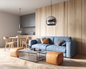 A minimalist living room with light oak parquet flooring, a cool blue sofa, and soft tan leather footstools