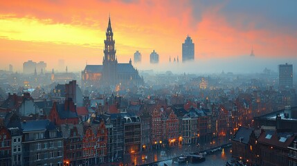 Obraz premium A beautiful city skyline at dusk with buildings and fog