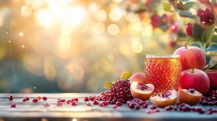 Autumn's bounty: a glass of juice and ripe fruits bathed in golden light