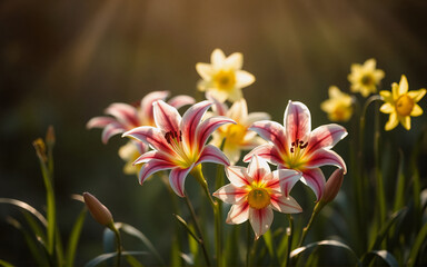 Fototapeta premium Pink and white lilies and yellow daffodils bloom in a garden, bathed in warm sunlight, creating a vibrant and cheerful floral scene.