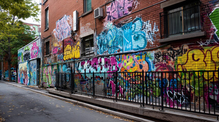Fototapeta premium Immerse yourself in urban artistry with an alley wall adorned in vibrant graffiti that transforms everyday spaces into dynamic urban masterpieces of creative expression.