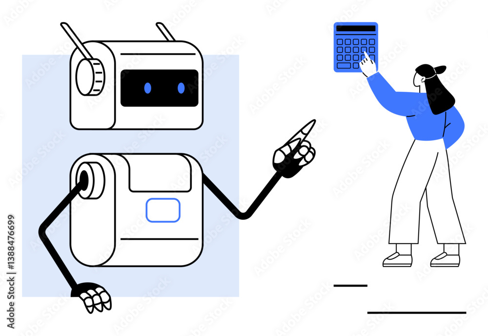 Aufkleber robot gesturing towards a woman using a large calculator, emphasizing technology, automation, and hu