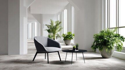 A minimalist open-plan office with soft white walls and elegant dark wood furniture