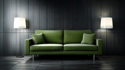 A modern and sleek living room featuring a forest green couch centered in the room, with two white lamps providing light on either side