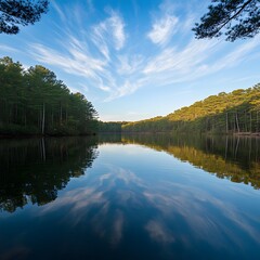 Fototapeta premium Serene Lake Reflection Stunning Sky Cloudscape Peaceful Nature Scene