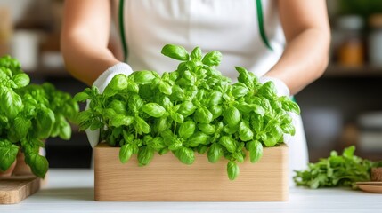 A lush basil plant sits in a light wood box, held by gloved hands. Other basil plants and kitchen elements are visible in a soft-focus background. The image is well-lit, high-quality, and features a