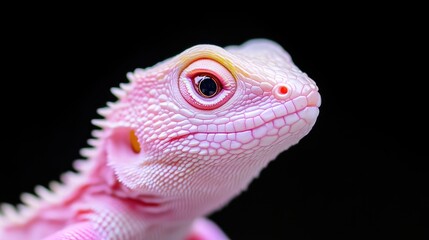 Obraz premium A pink lizard is shown in close-up, its textured skin and expressive eye detailed. The lizard is the central focus against a black background. The image is high-quality, with sharp focus and excellent