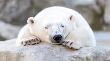 Fototapeta premium Polar Bear on Rock Naturalistic Style High-Resolution Soft Lighting Close-up View Sleeping Paws Grey Stone Background Cool White Mood Conservation Awareness