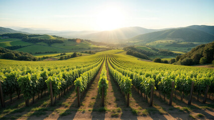 Fototapeta premium A panoramic view of a lush vineyard in summer with ripening grapes and rolling hills 