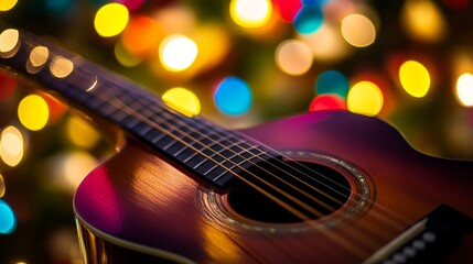 Fototapeta premium Acoustic guitar in focus with colorful lanterns blurred, evoking warmth and artistic serenity. 
